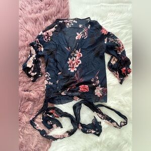 Dark Blue Zara Floral Wrap Flounce-Sleeved Blouse